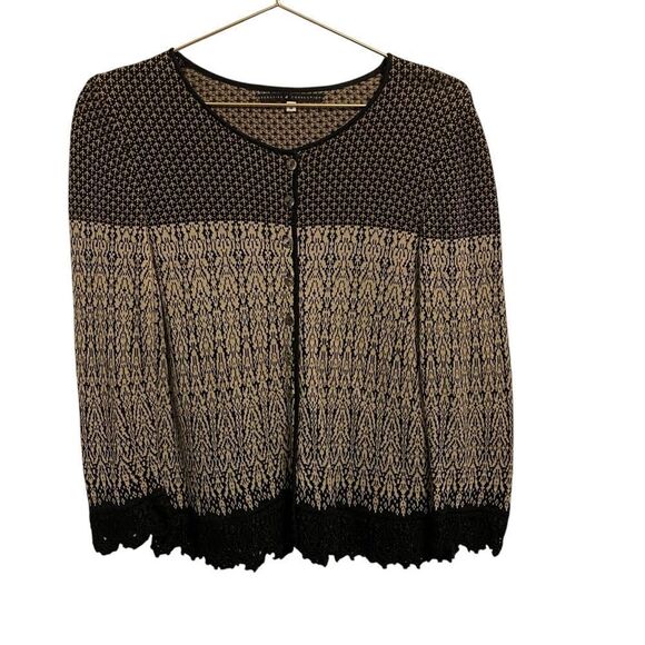 Peruvian Connection Pima Cotton Lace Trimmed Cardigan Black Tan Sweater MED - Picture 1 of 6